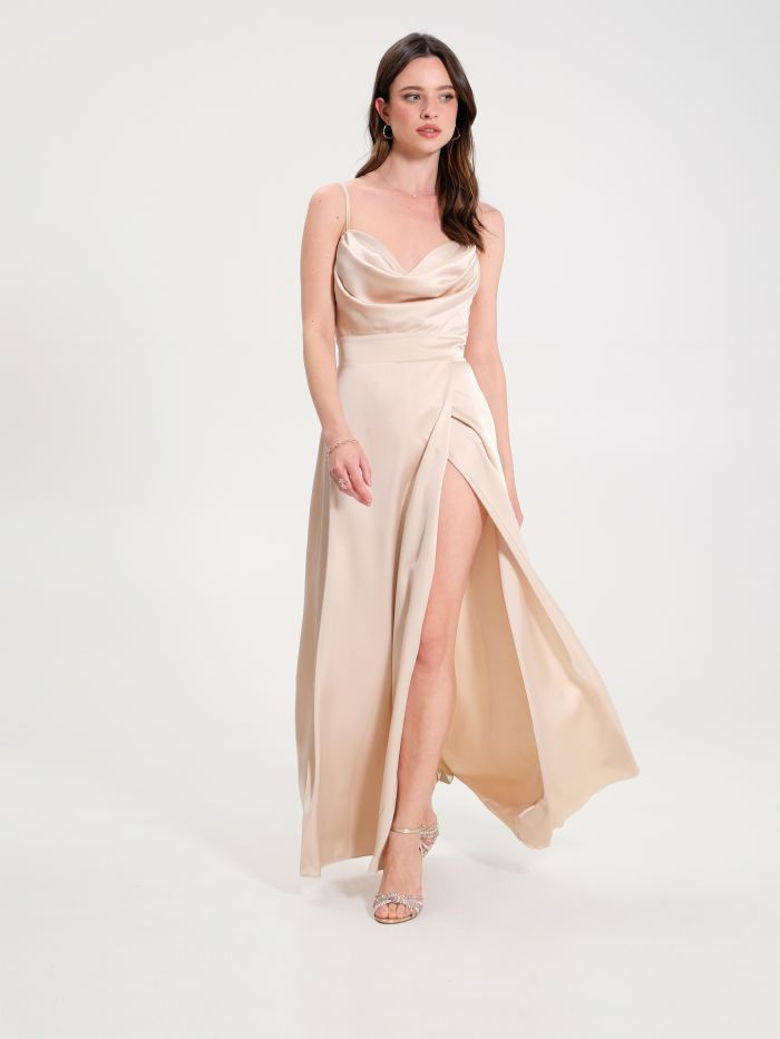Beige satin dress new arrivals