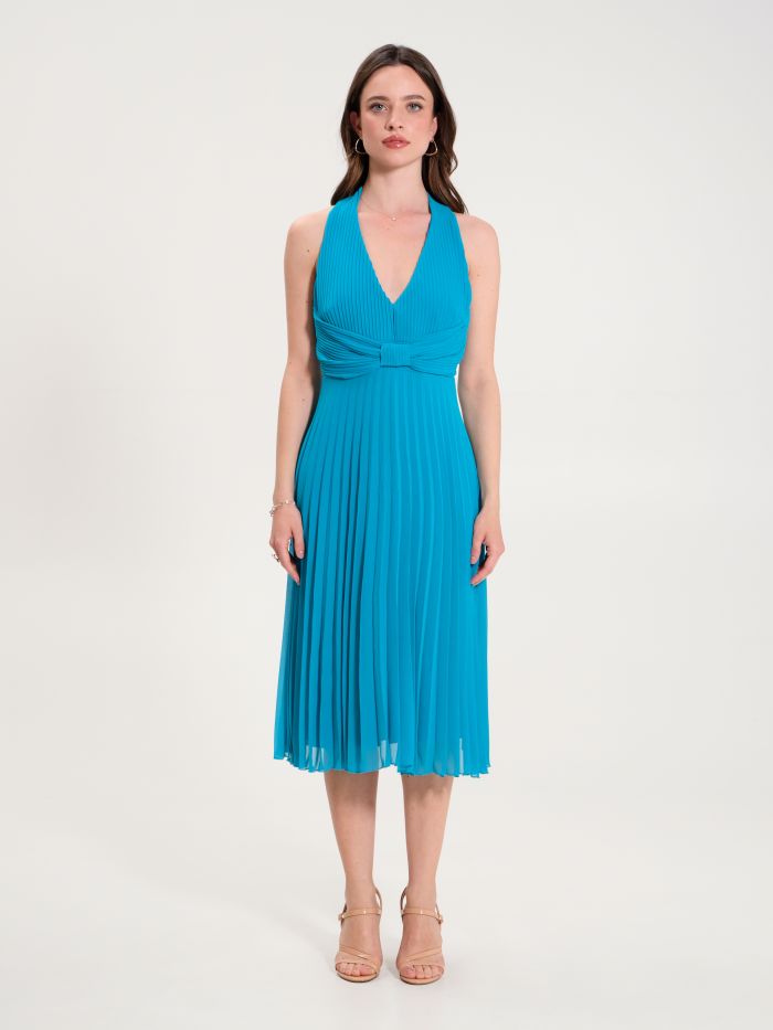Turquoise Pleated Dress with Bow  Rinascimento