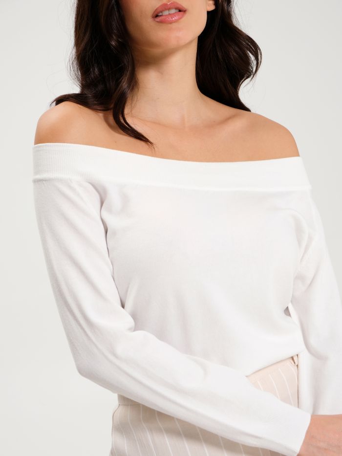 White Sweater with Off-the-Shoulder Neckline   Rinascimento