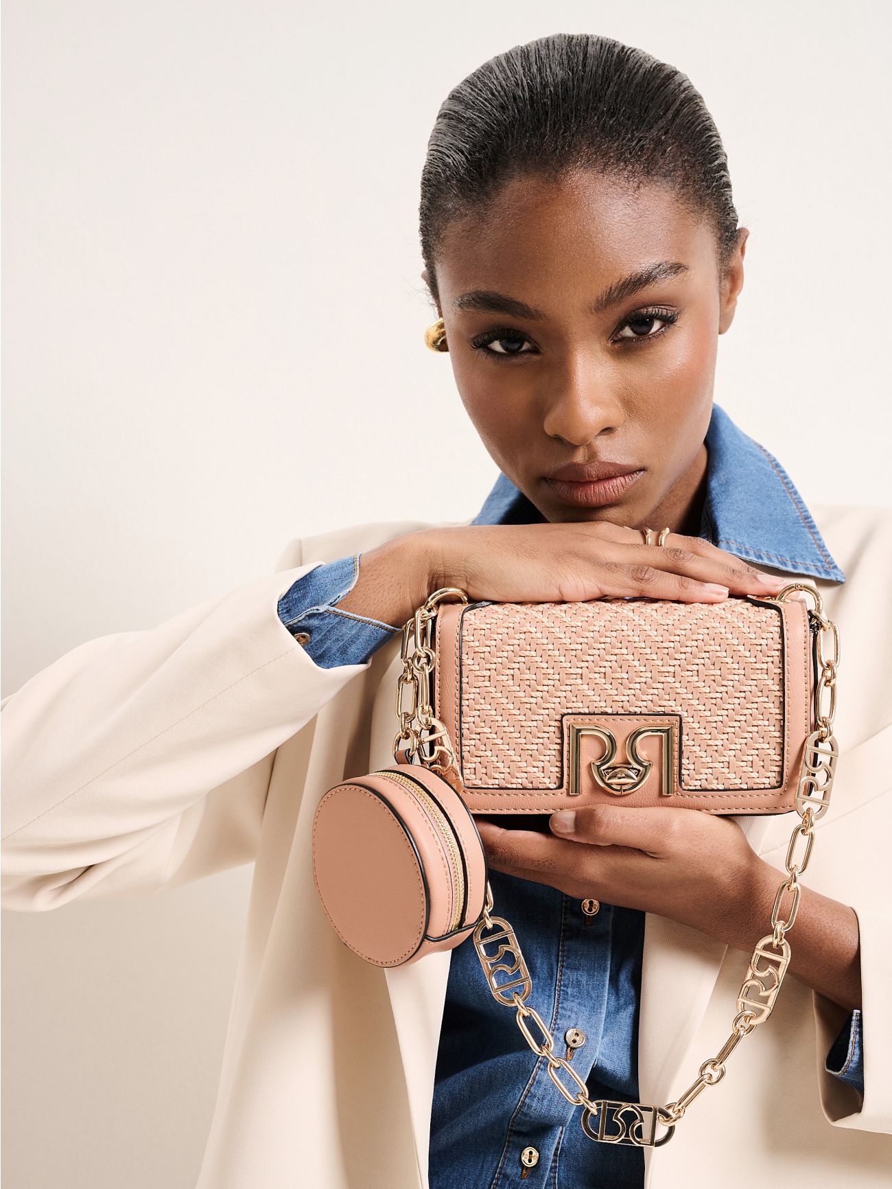 Mini Raffia-effect Shoulder Bag in Pink  Rinascimento