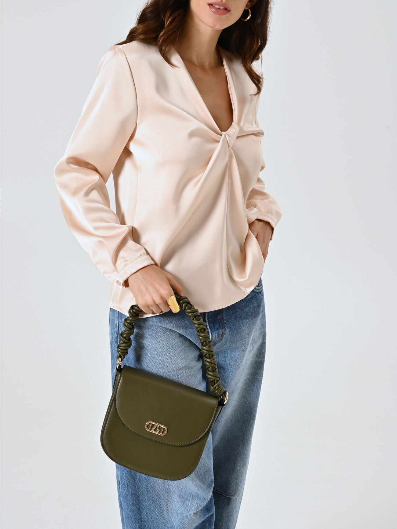 Military Green Bag with Ruched Handle in_i5