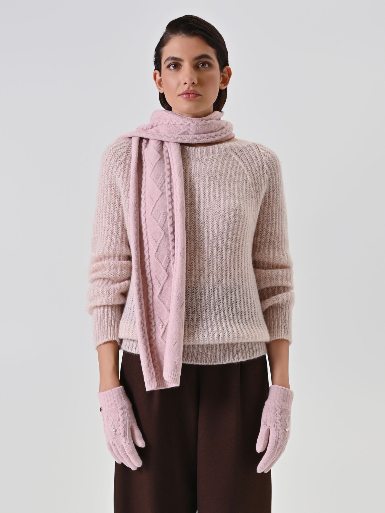 Pink Cable-Knit Gloves with Pearls 1 Rinascimento Pink Cable-Knit Gloves with Pearls det_1