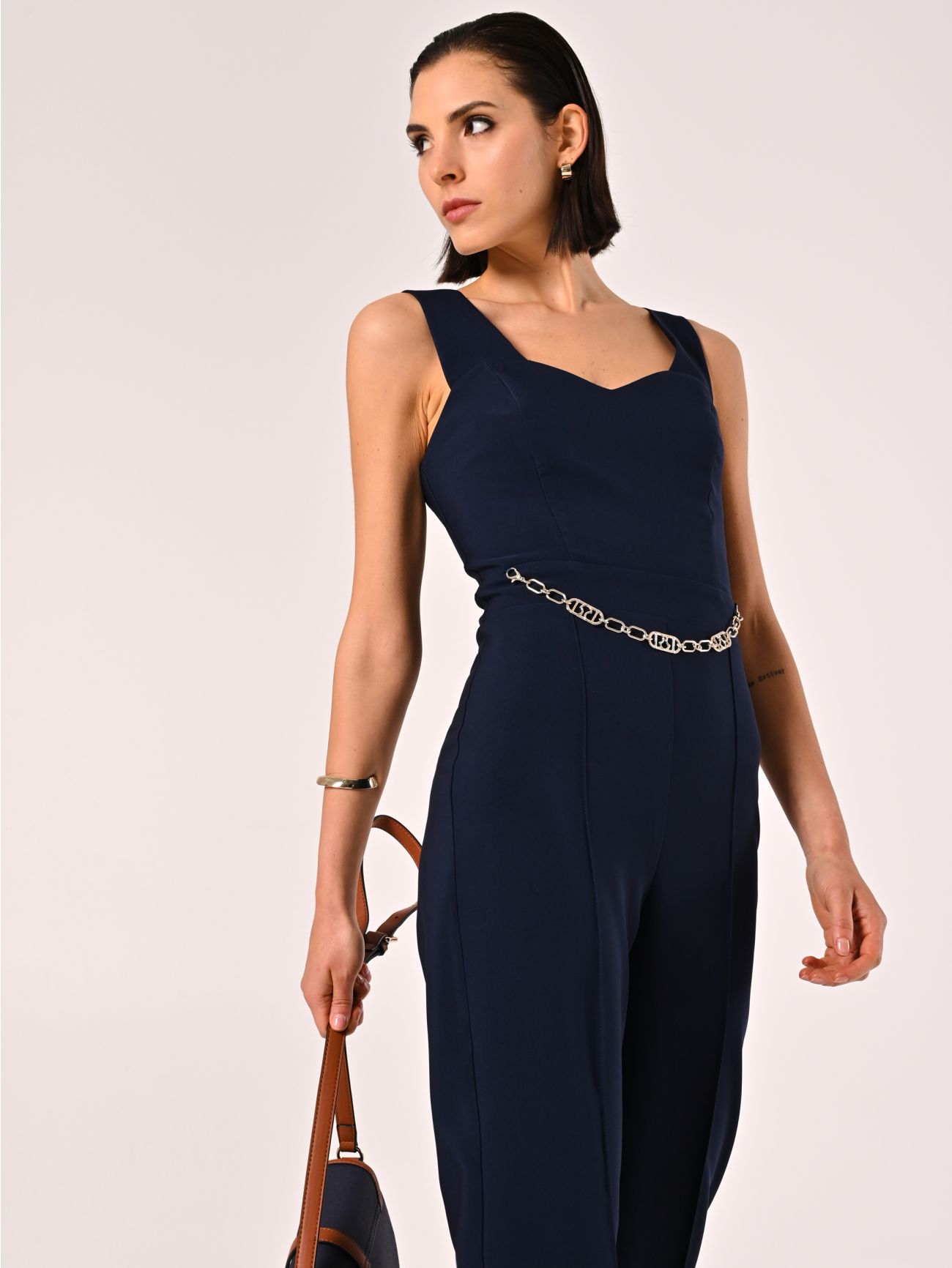Navy Blue Jumpsuit with Gold Belt  Rinascimento