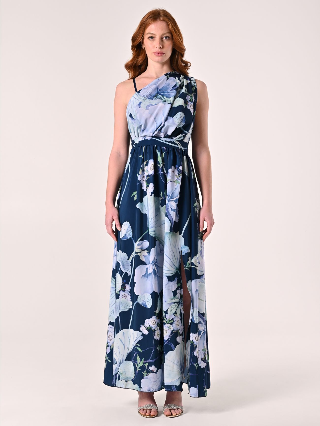 Einseitig schulterfreies langes Kleid mit Blumenmuster det_1