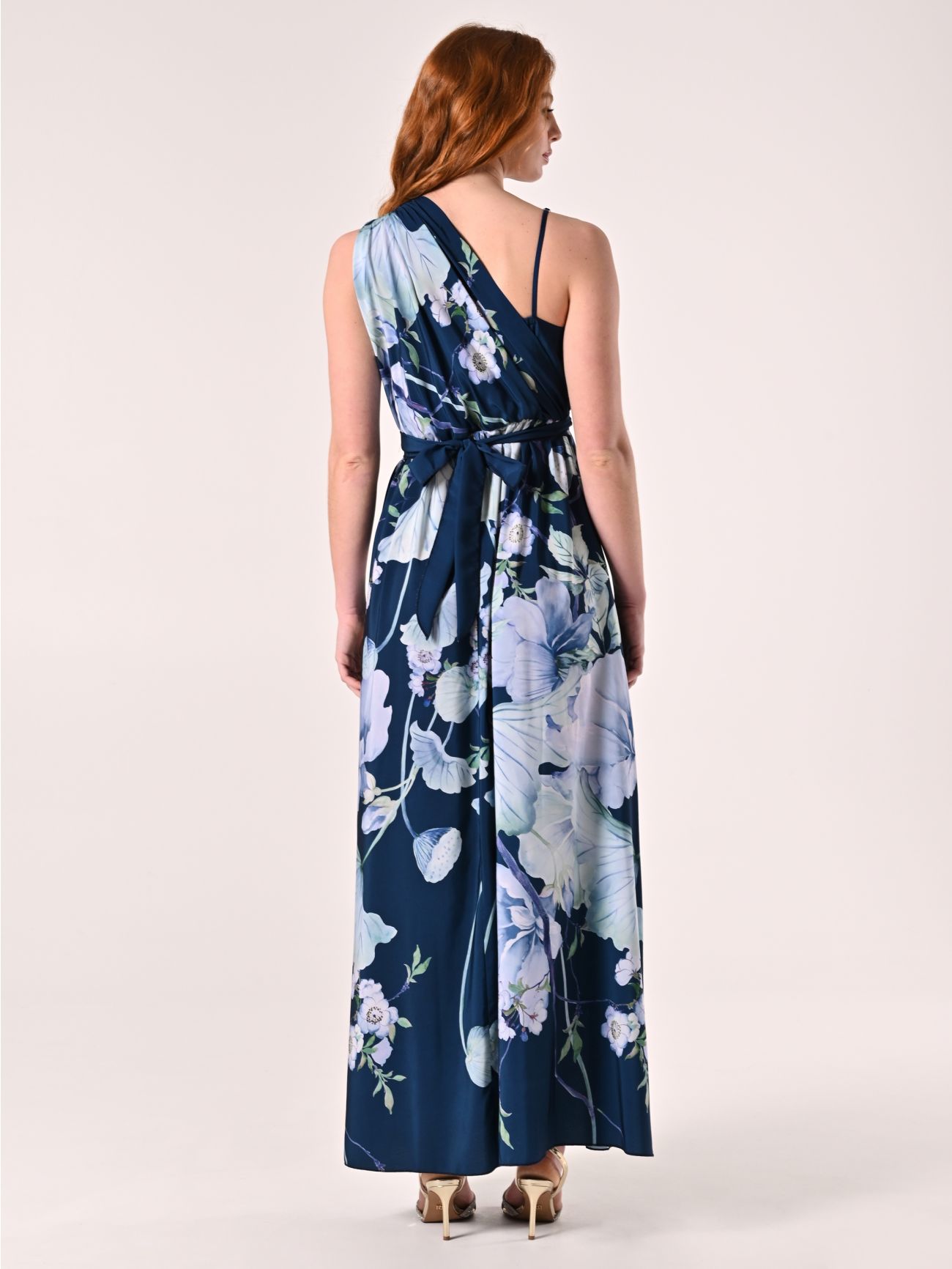 Einseitig schulterfreies langes Kleid mit Blumenmuster det_3