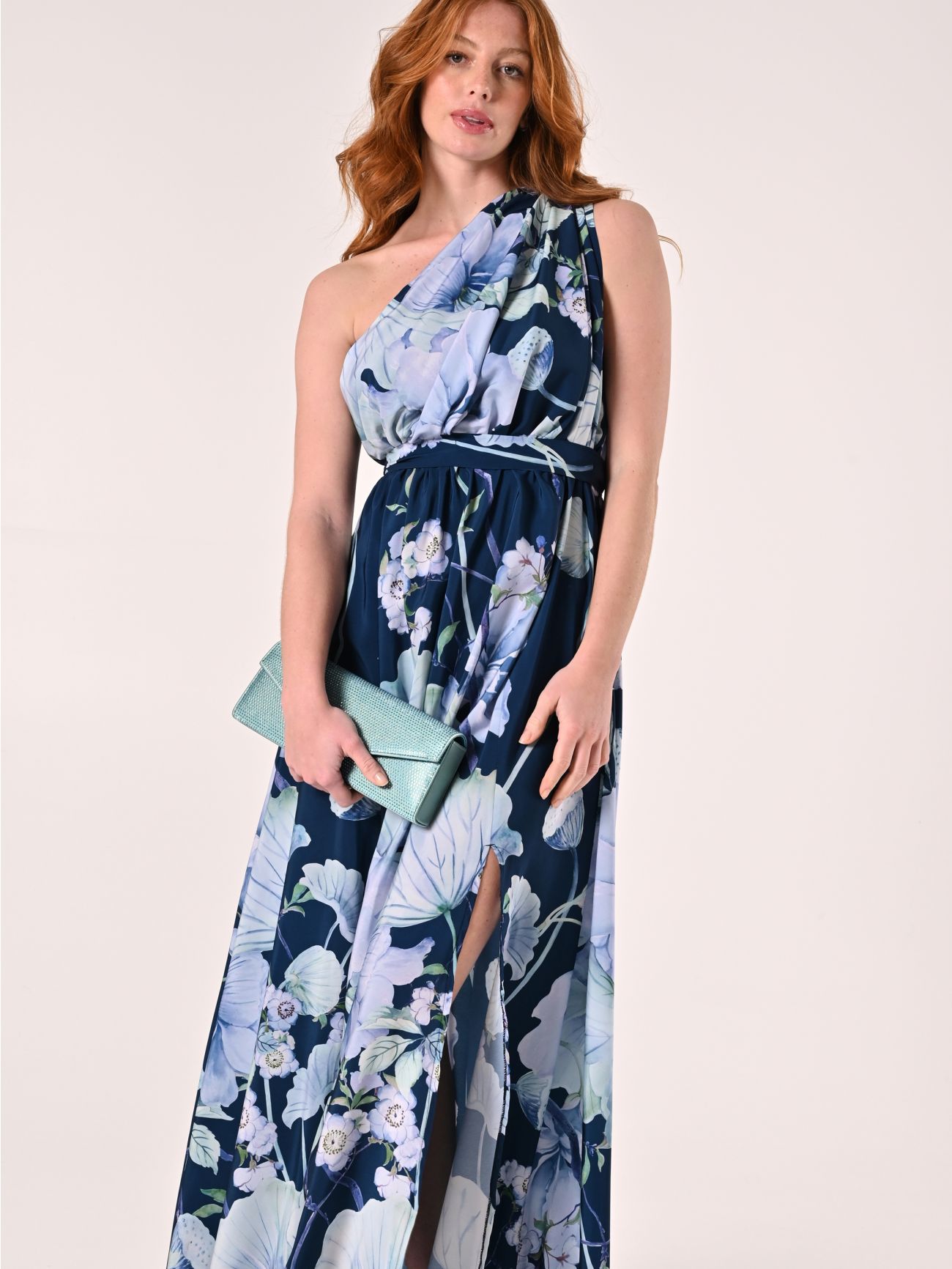 Einseitig schulterfreies langes Kleid mit Blumenmuster sp_e1
