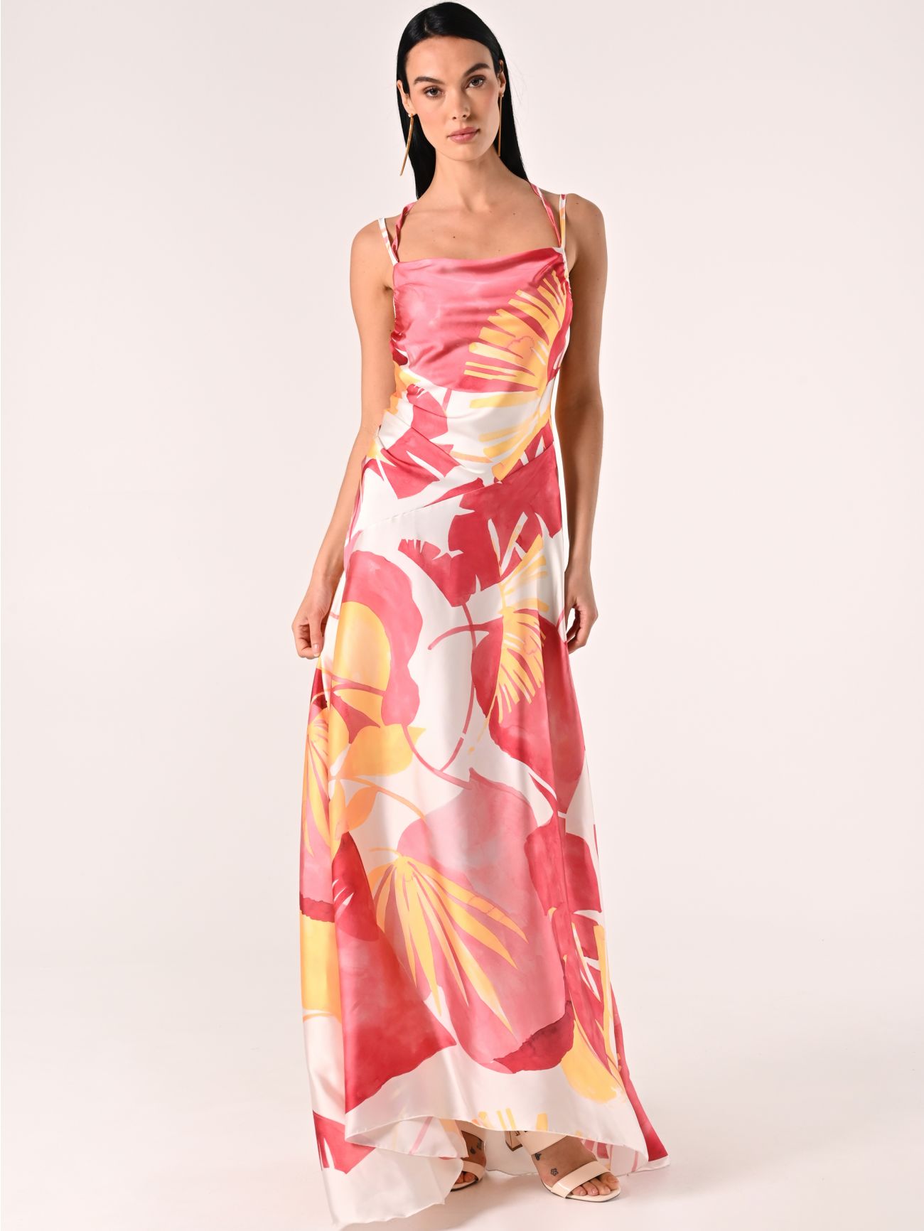 Robe longue en satin imprimé feuilles in_i7