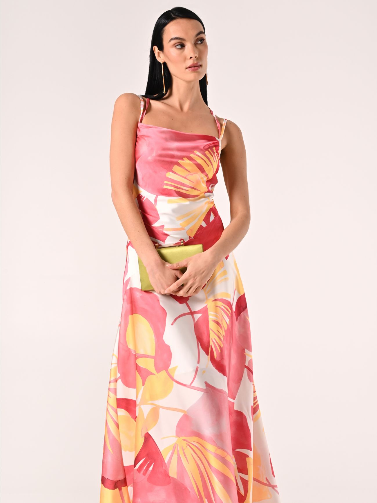Robe longue en satin imprimé feuilles sp_e1