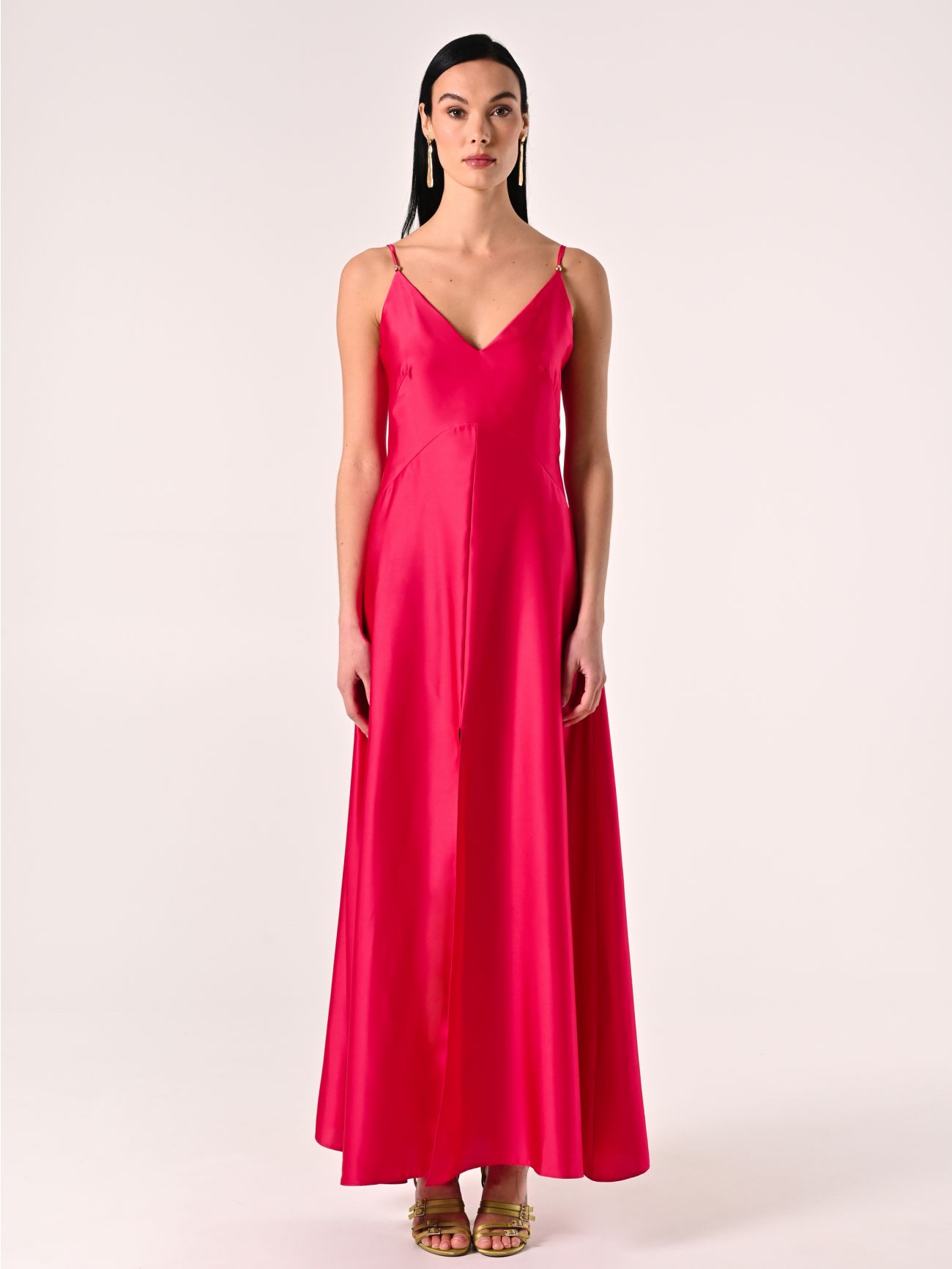 Robe fuchsia en satin avec lacets bustier det_1