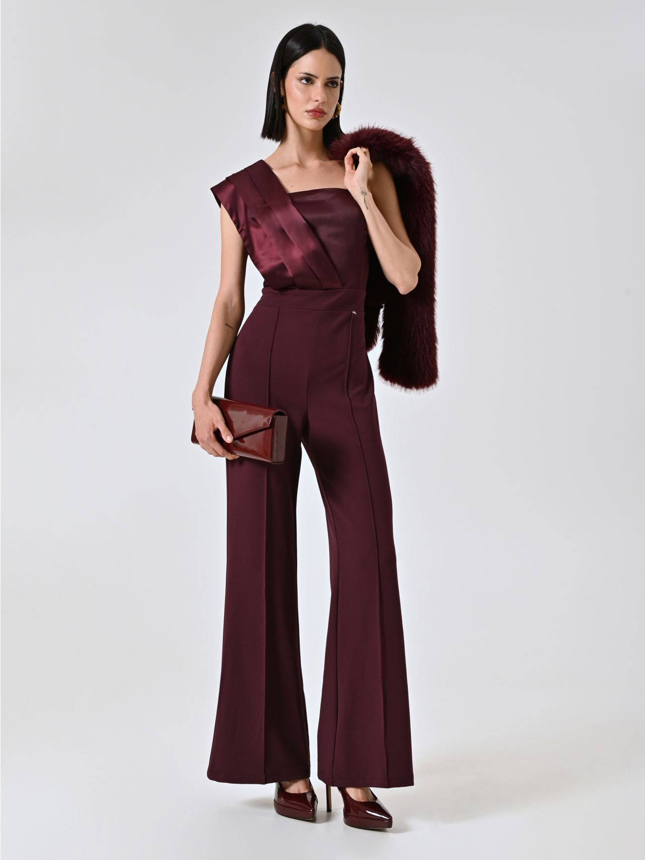 Burgundy One-shoulder Jumpsuit  Rinascimento