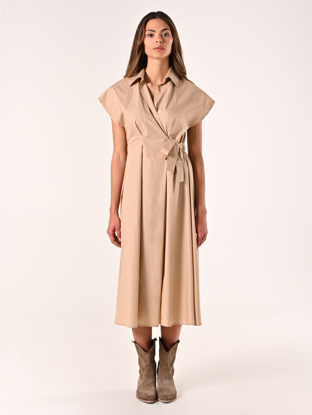 Beige Wrap Shirt Dress with Bow det_1