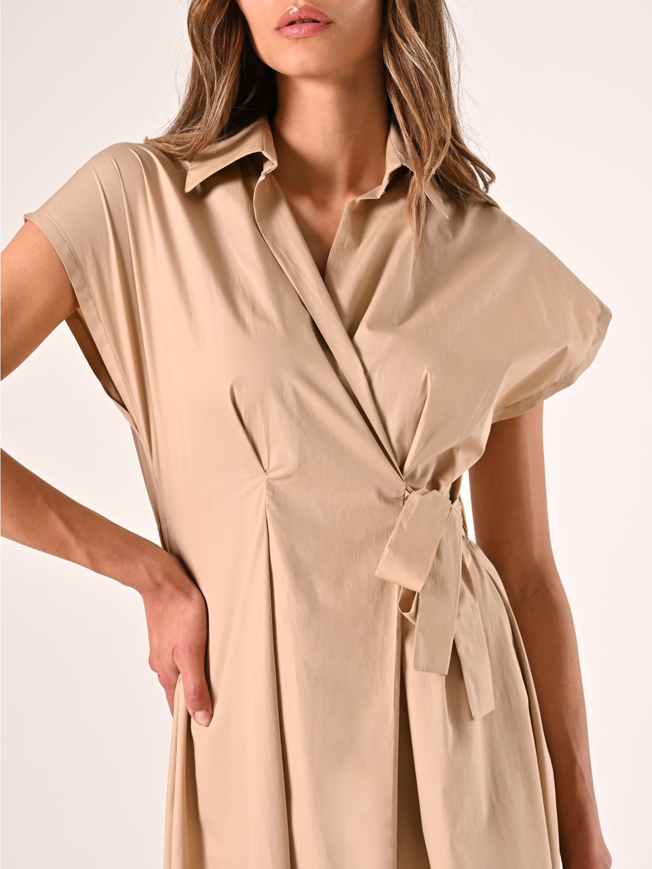 Beige Wrap Shirt Dress with Bow in_i5