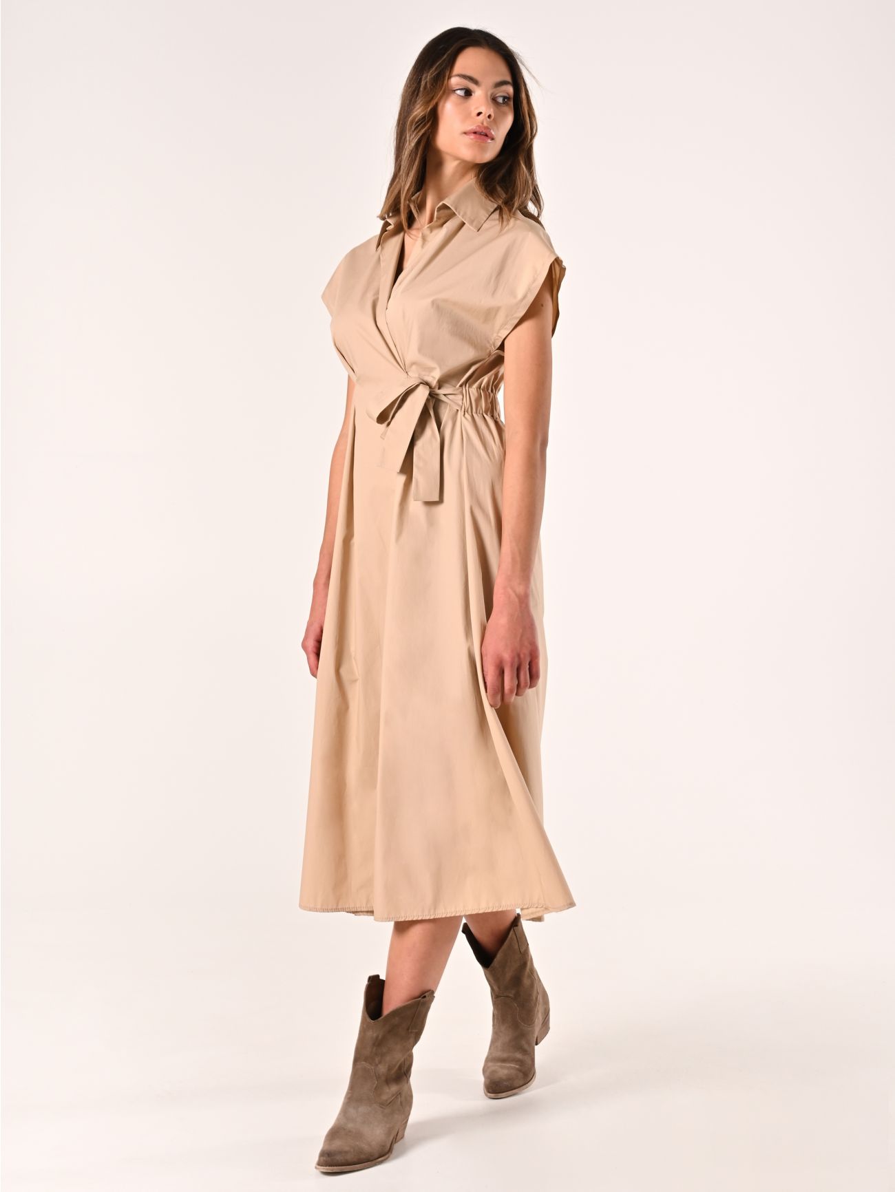 Beige Wrap Shirt Dress with Bow in_i7