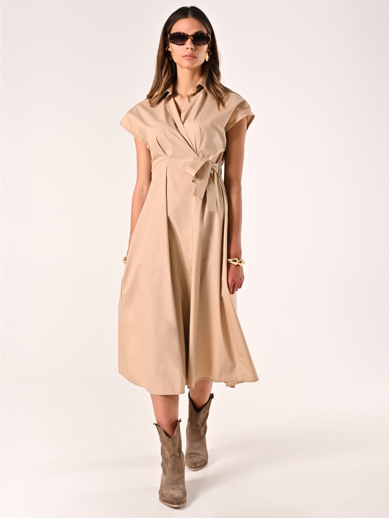 Beige Wrap Shirt Dress with Bow  Rinascimento