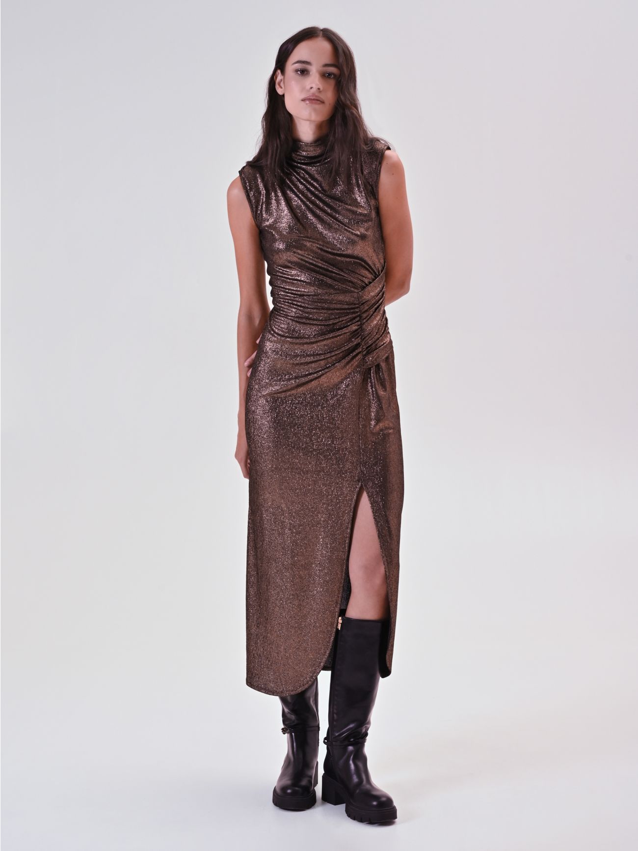 Abito Drappeggiato in Maglia Laminata Bronzo in_i7