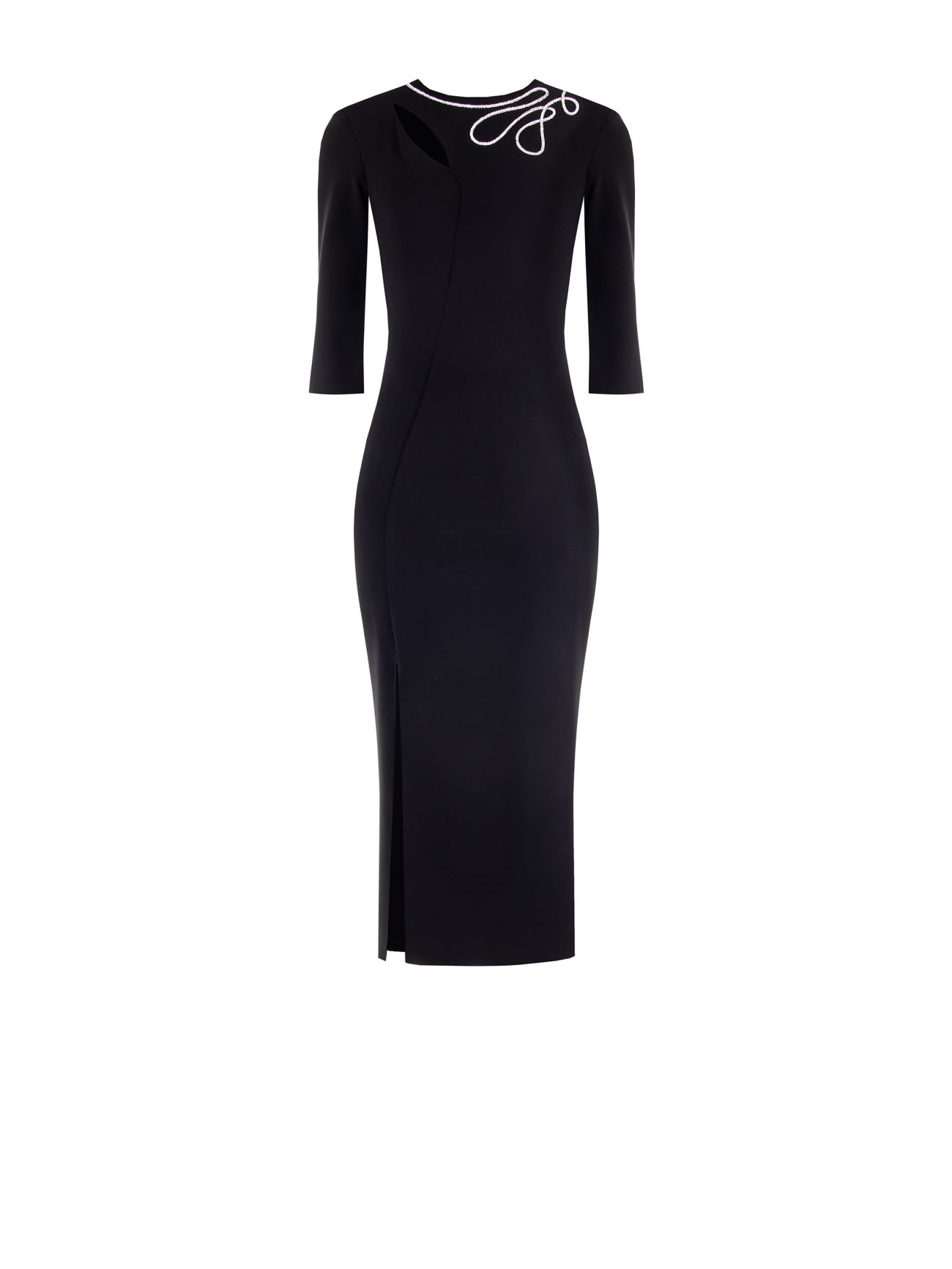 Black sheath dress with embroidered teardrop neckline det_4