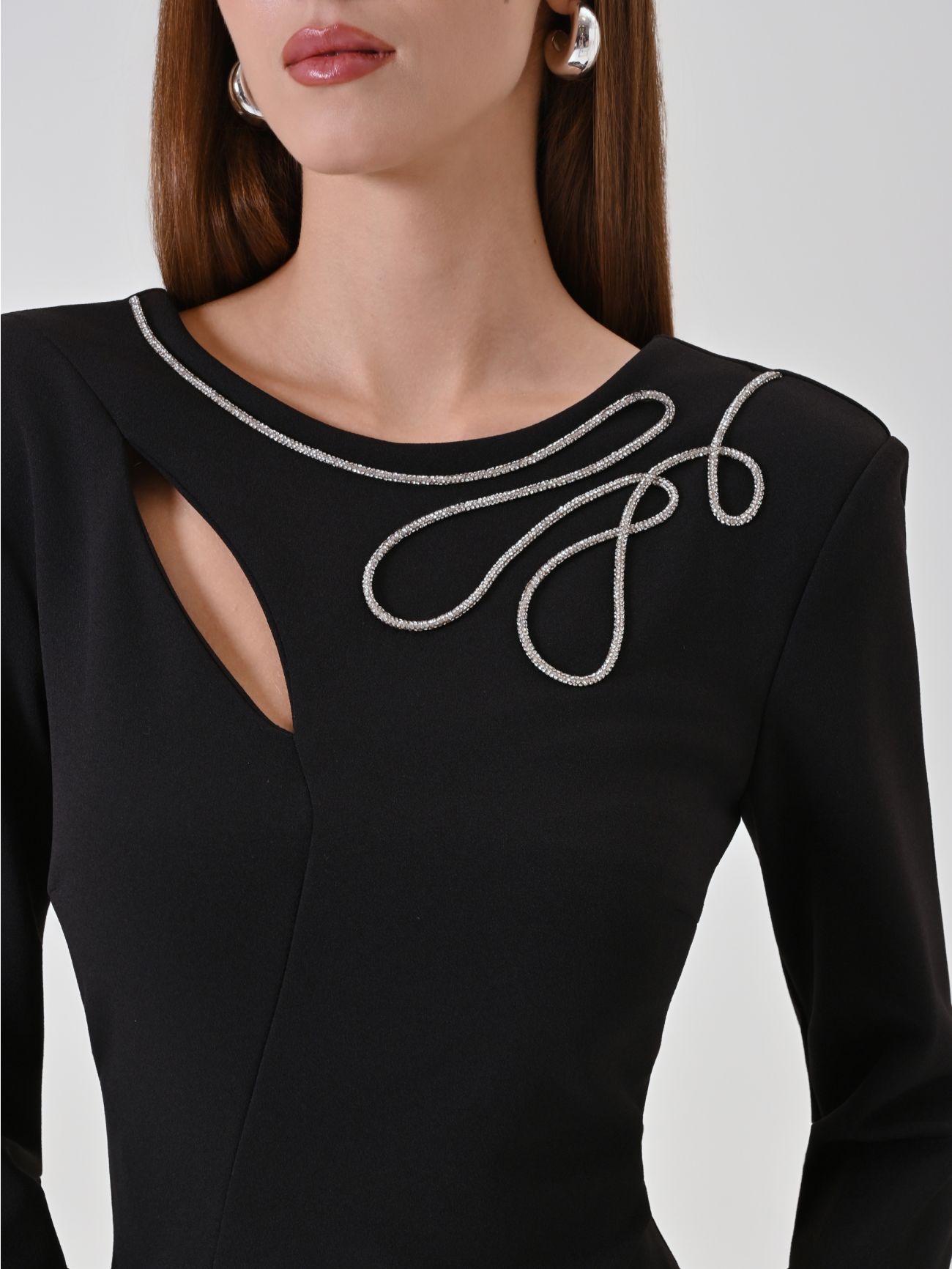 Black sheath dress with embroidered teardrop neckline in_i5