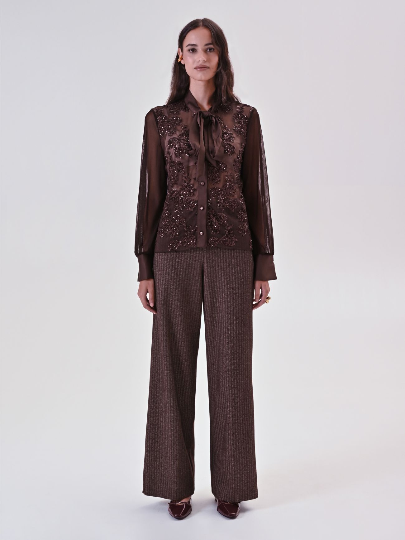 Brown Tulle Shirt with Sequin Embroidery 1 Rinascimento Brown Tulle Shirt with Sequin Embroidery det_1