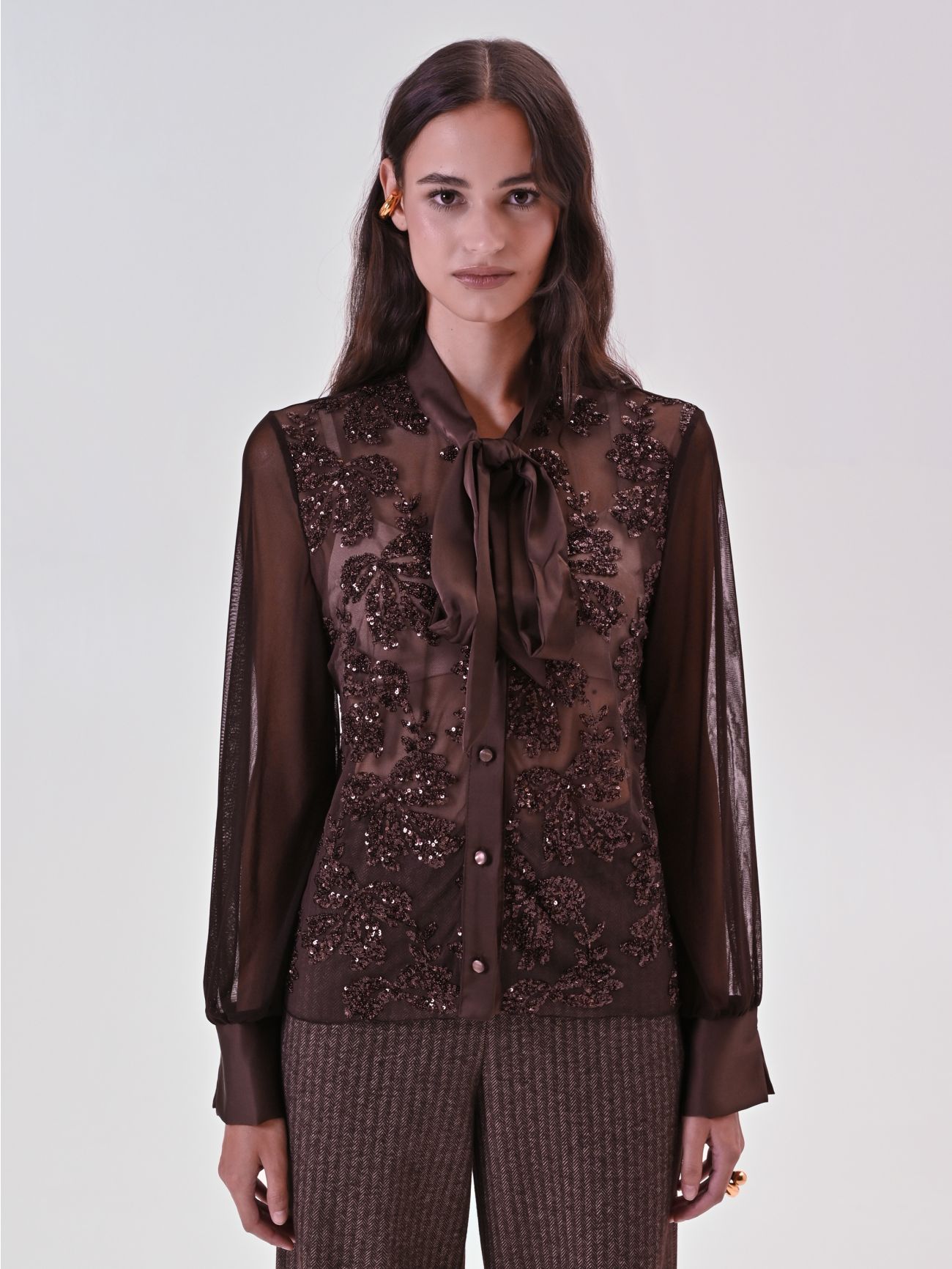 Brown Tulle Shirt with Sequin Embroidery 2 Rinascimento Brown Tulle Shirt with Sequin Embroidery det_2