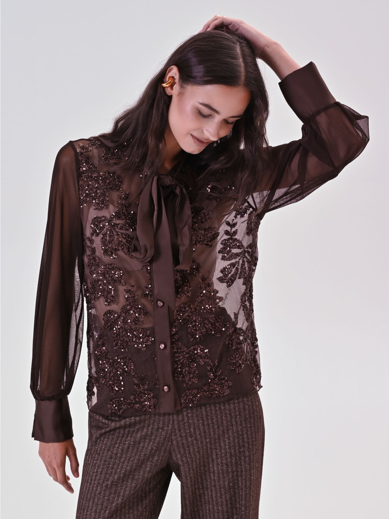Brown Tulle Shirt with Sequin Embroidery 5 Rinascimento Brown Tulle Shirt with Sequin Embroidery in_i7