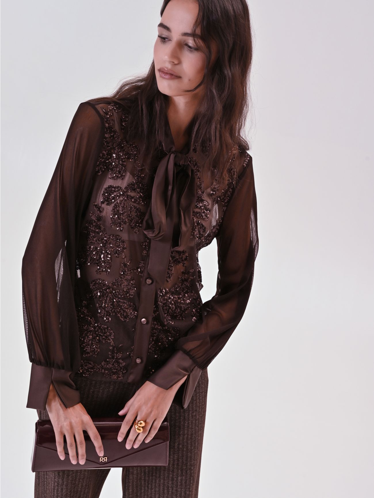 Camicia Marrone in Tulle Ricamo Paillettes  Rinascimento