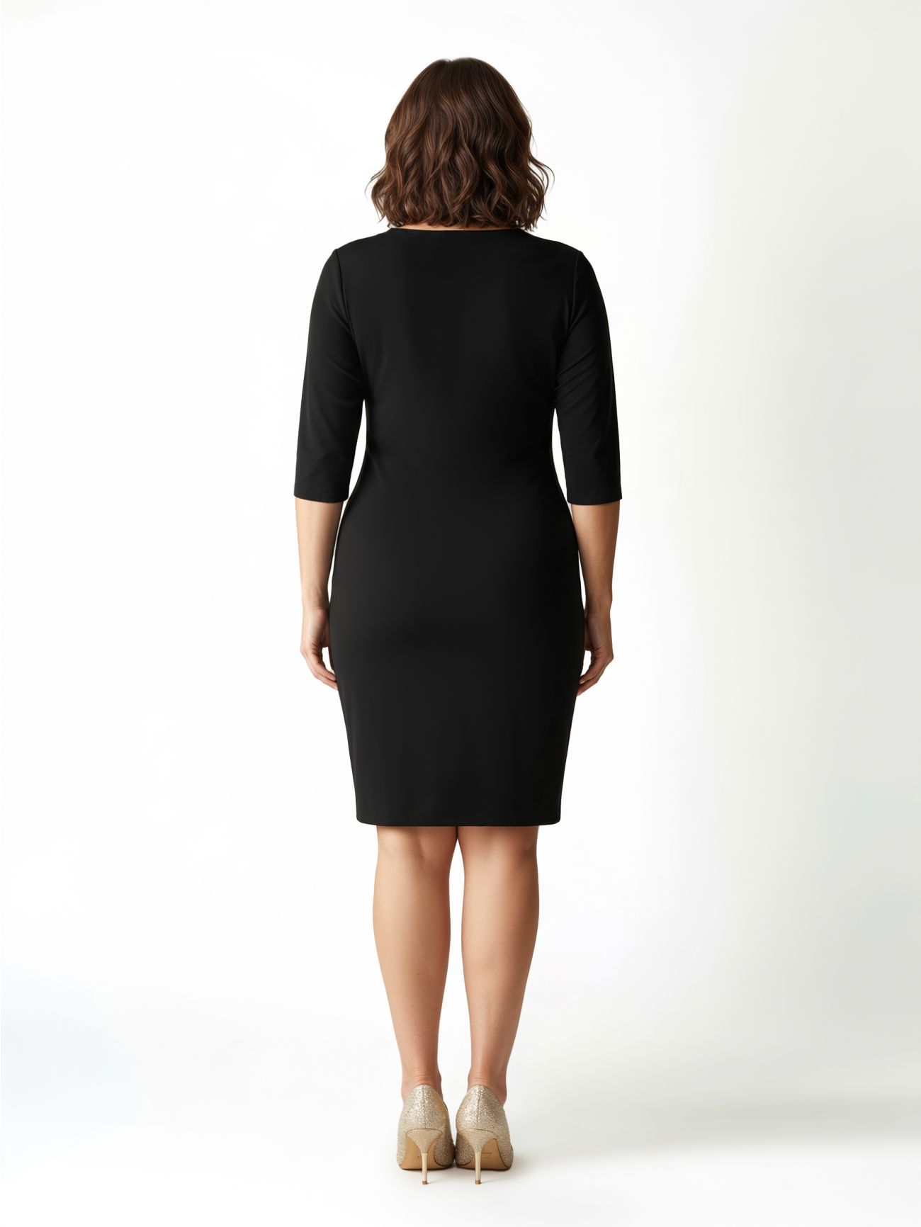 Curvy Black Sheath Dress with Draped Waist and Button Detail det_3