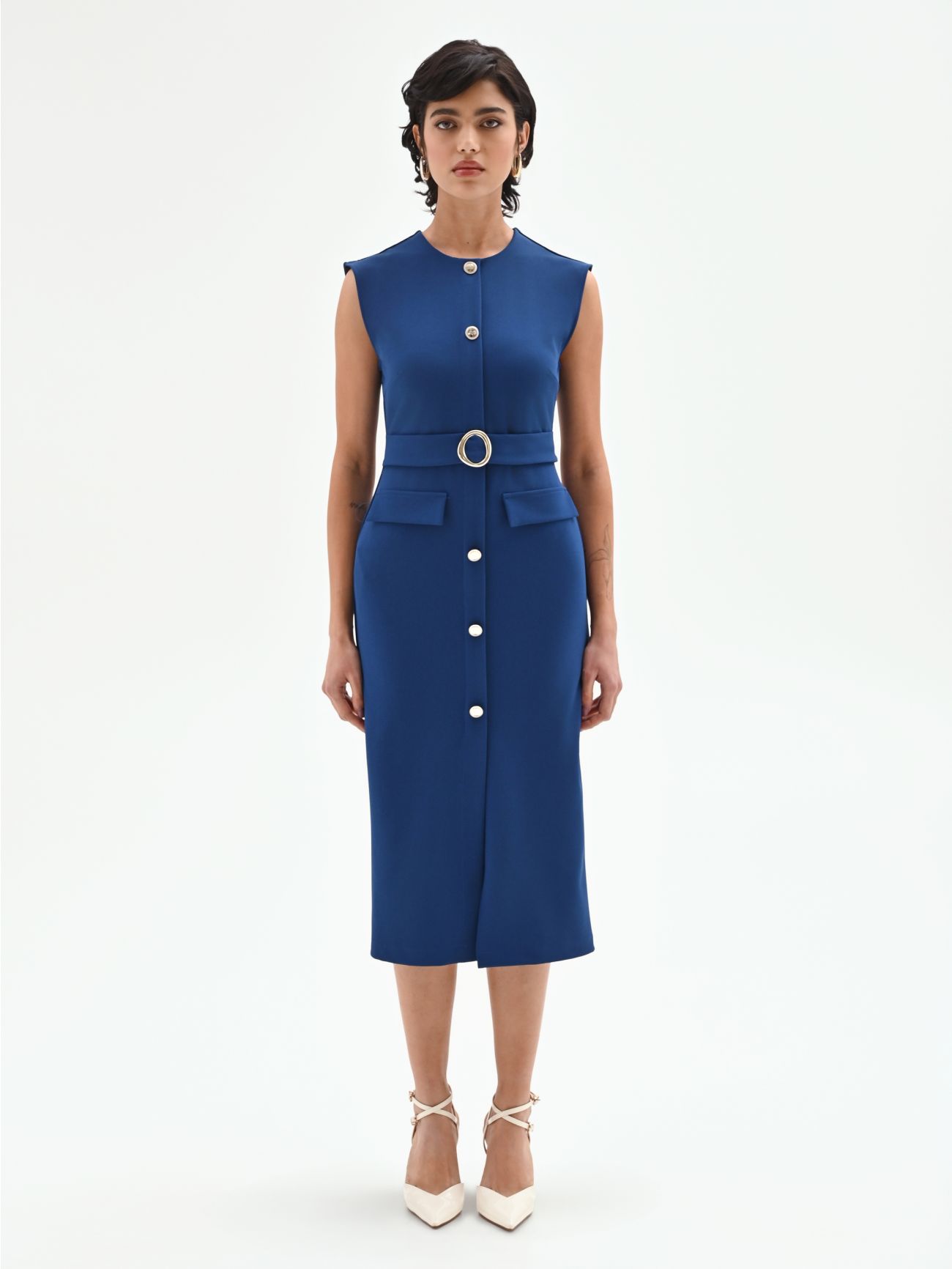 Tubino midi blu brillante con cintura det_1