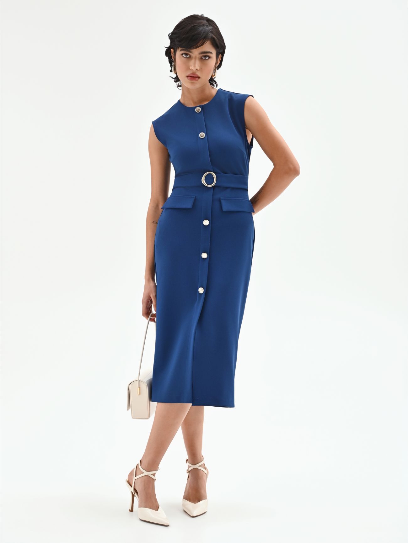 Tubino midi blu brillante con cintura  Rinascimento