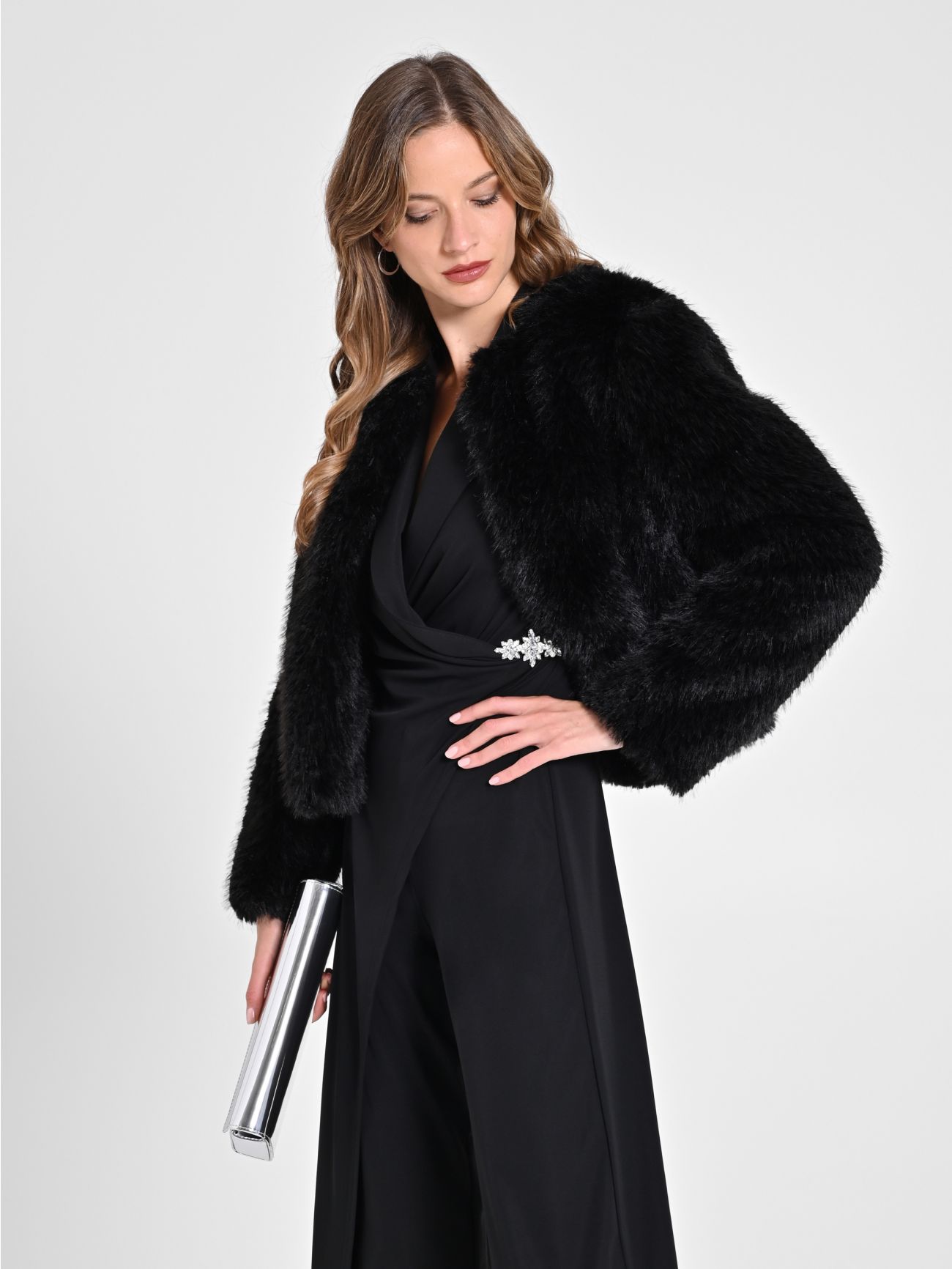 Tuxedo-Style Jumpsuit in Black Flowy Fabric in_i7