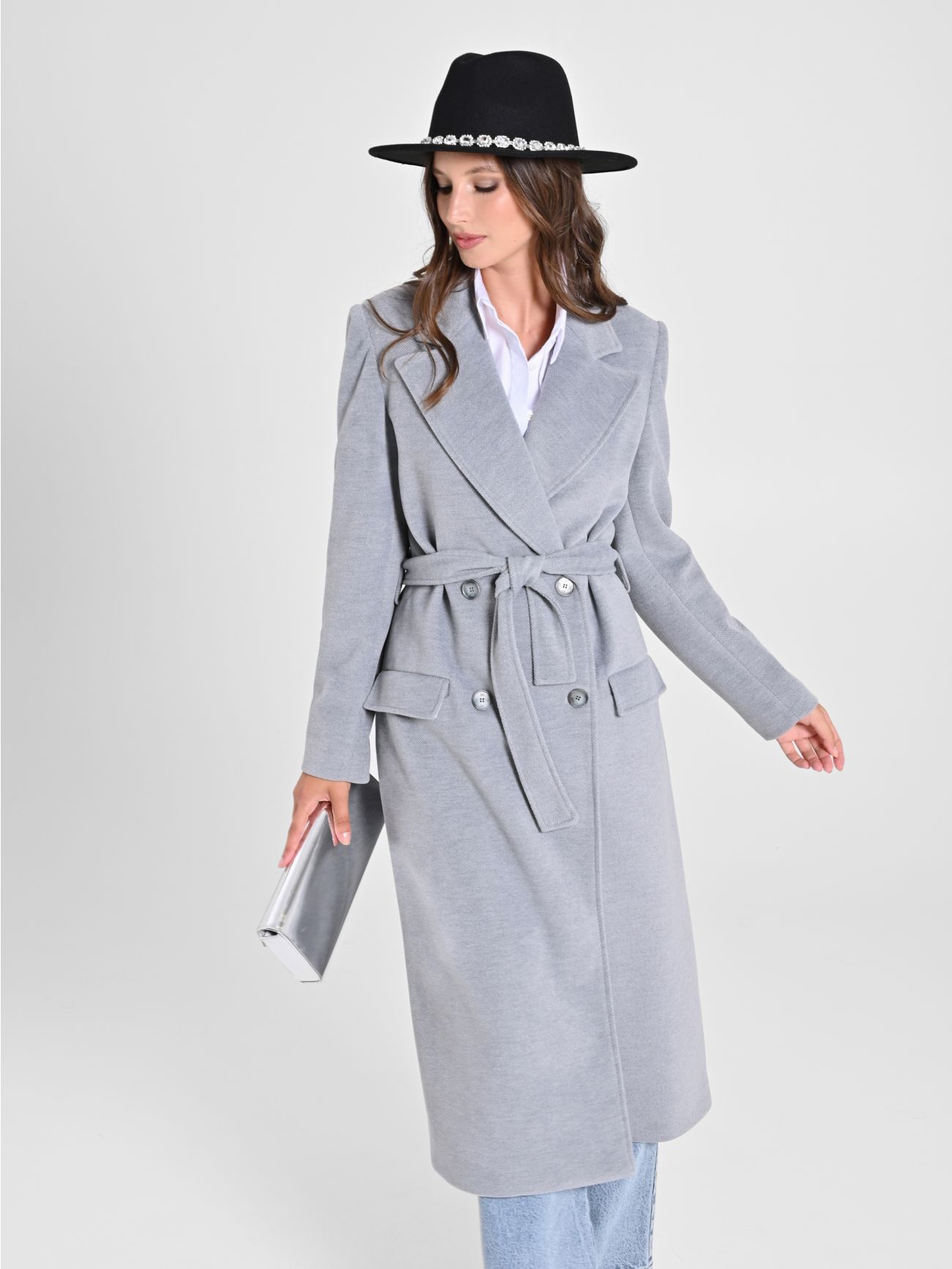 Maxi Grey Coat with Belt in_i7