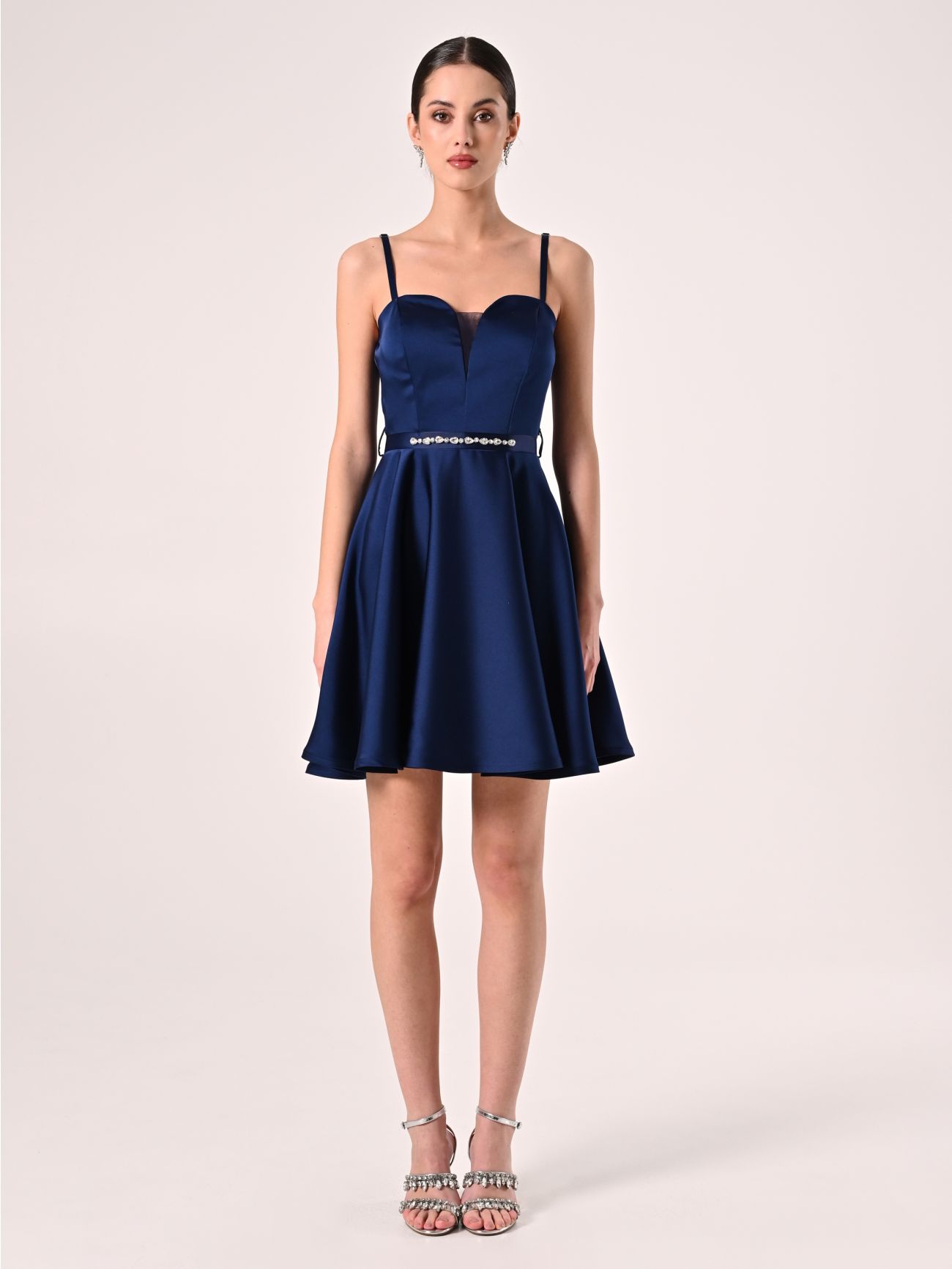 Flared Dress in Blue Structured Satin det_1