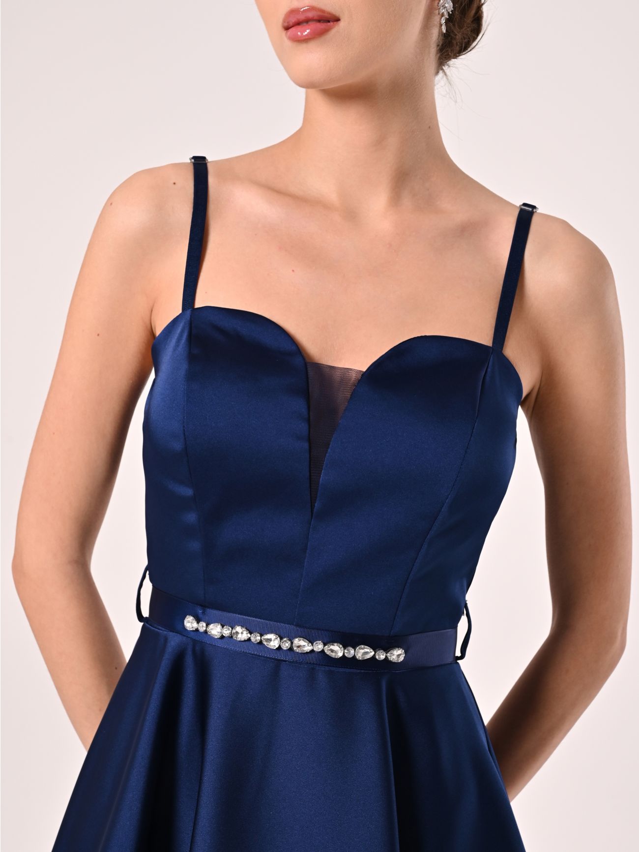 Flared Dress in Blue Structured Satin in_i5