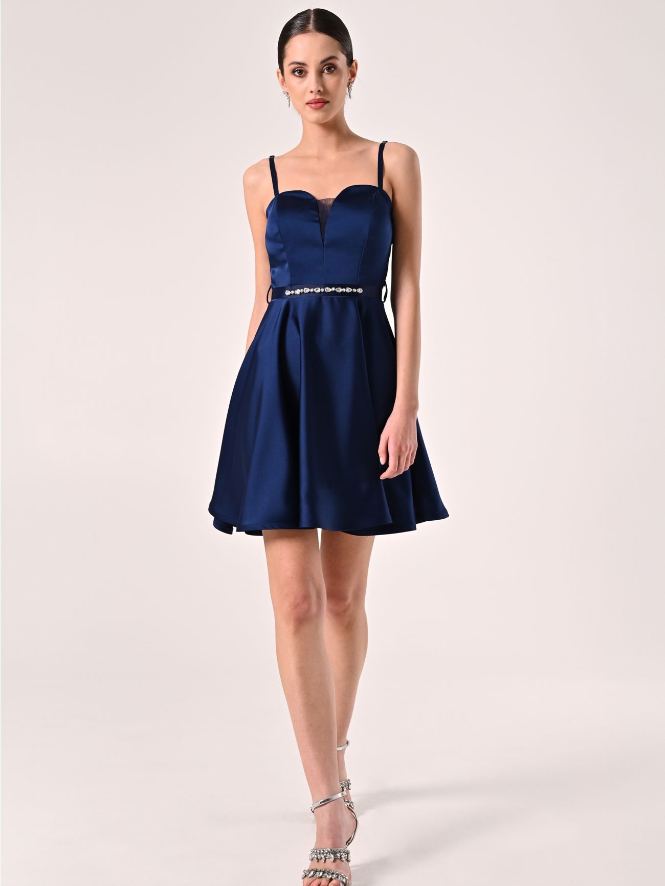 Flared Dress in Blue Structured Satin in_i7