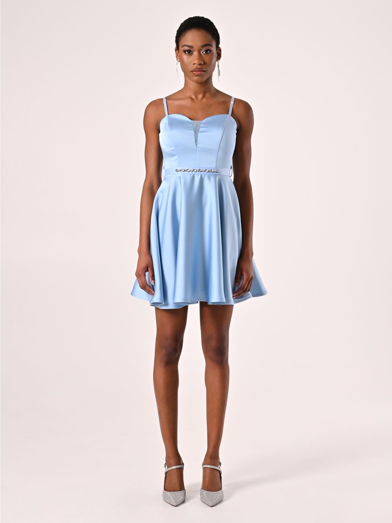 Light Blue Flared Dress in Structured Satin det_1