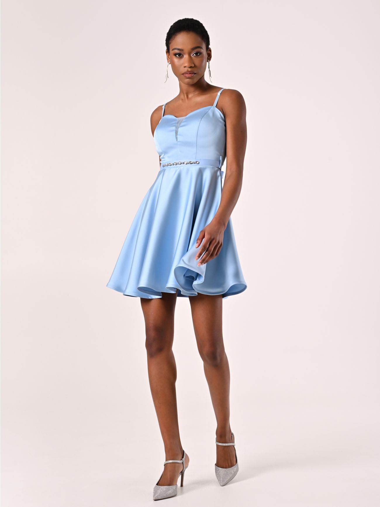 Light Blue Flared Dress in Structured Satin in_i7