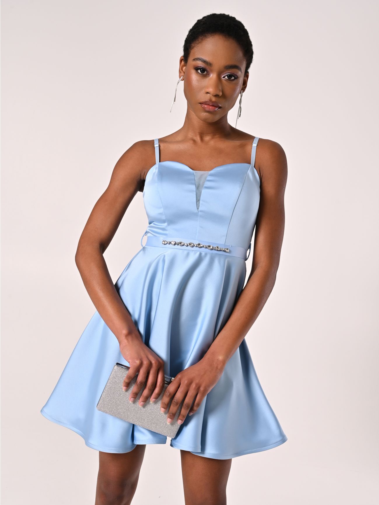 Light Blue Flared Dress in Structured Satin sp_e1