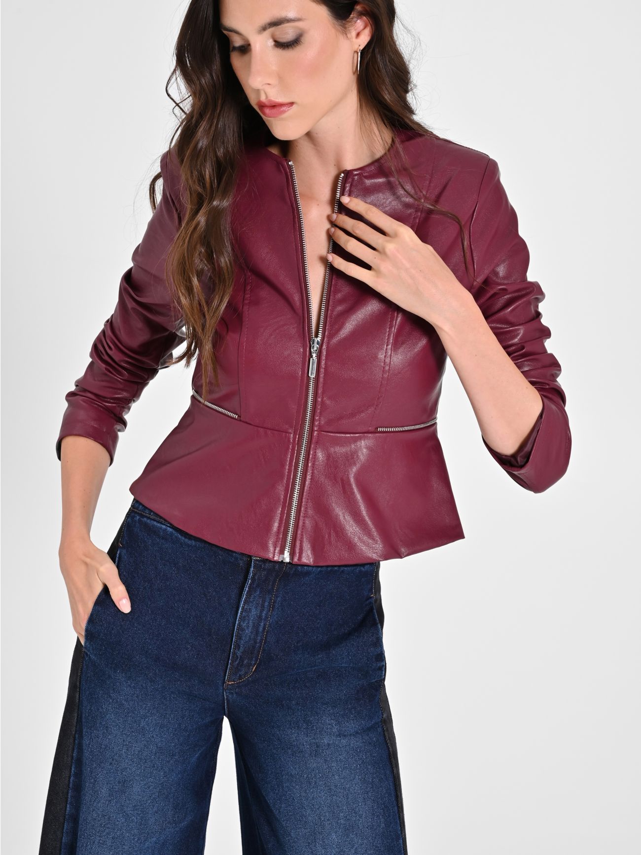 Faux leather peplum jacket store