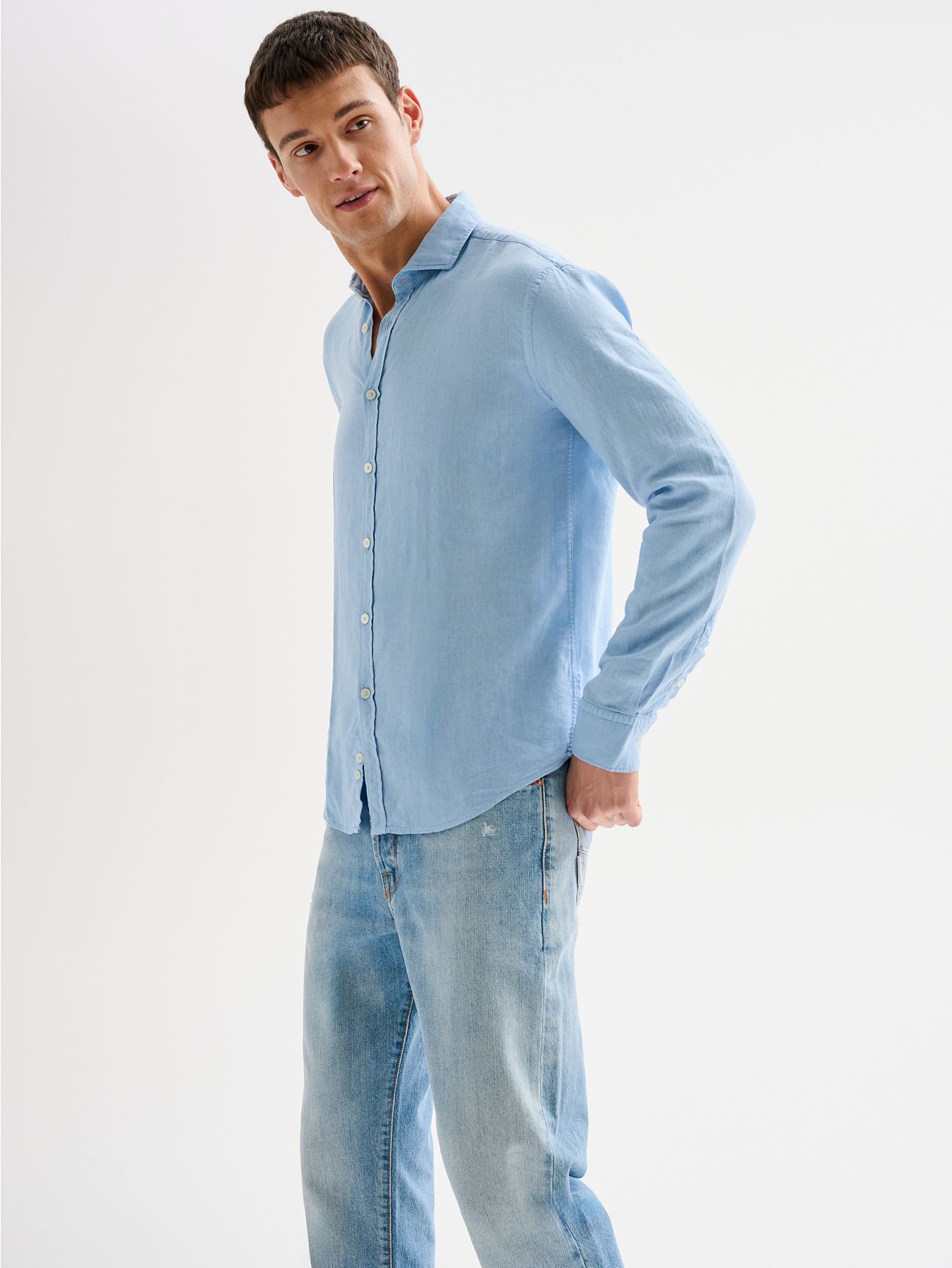Men's Light Blue Linen Shirt with French Collar QB24 sp_e1