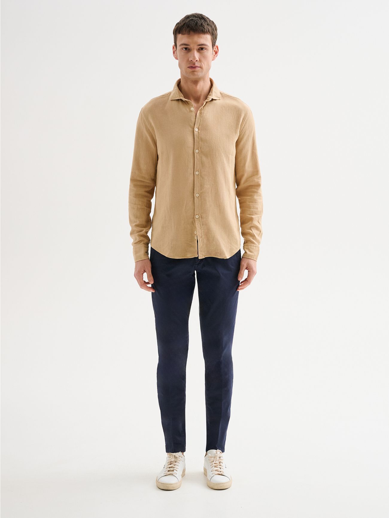 Men's Beige Linen Shirt with French Collar QB24 det_1