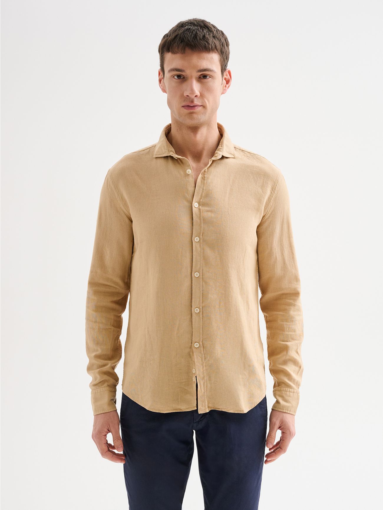 Men's Beige Linen Shirt with French Collar QB24 det_3