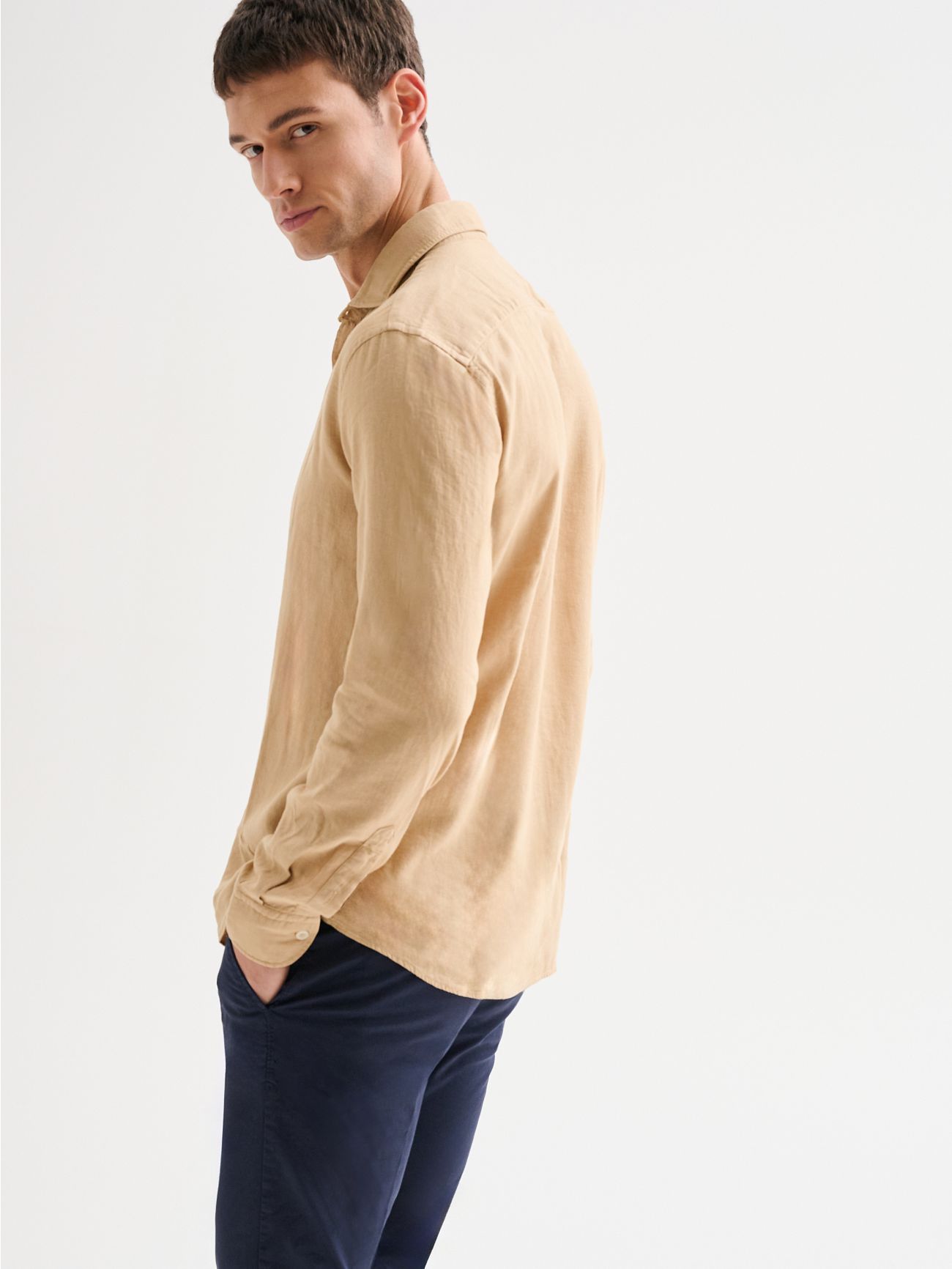 Men's Beige Linen Shirt with French Collar QB24 in_i4