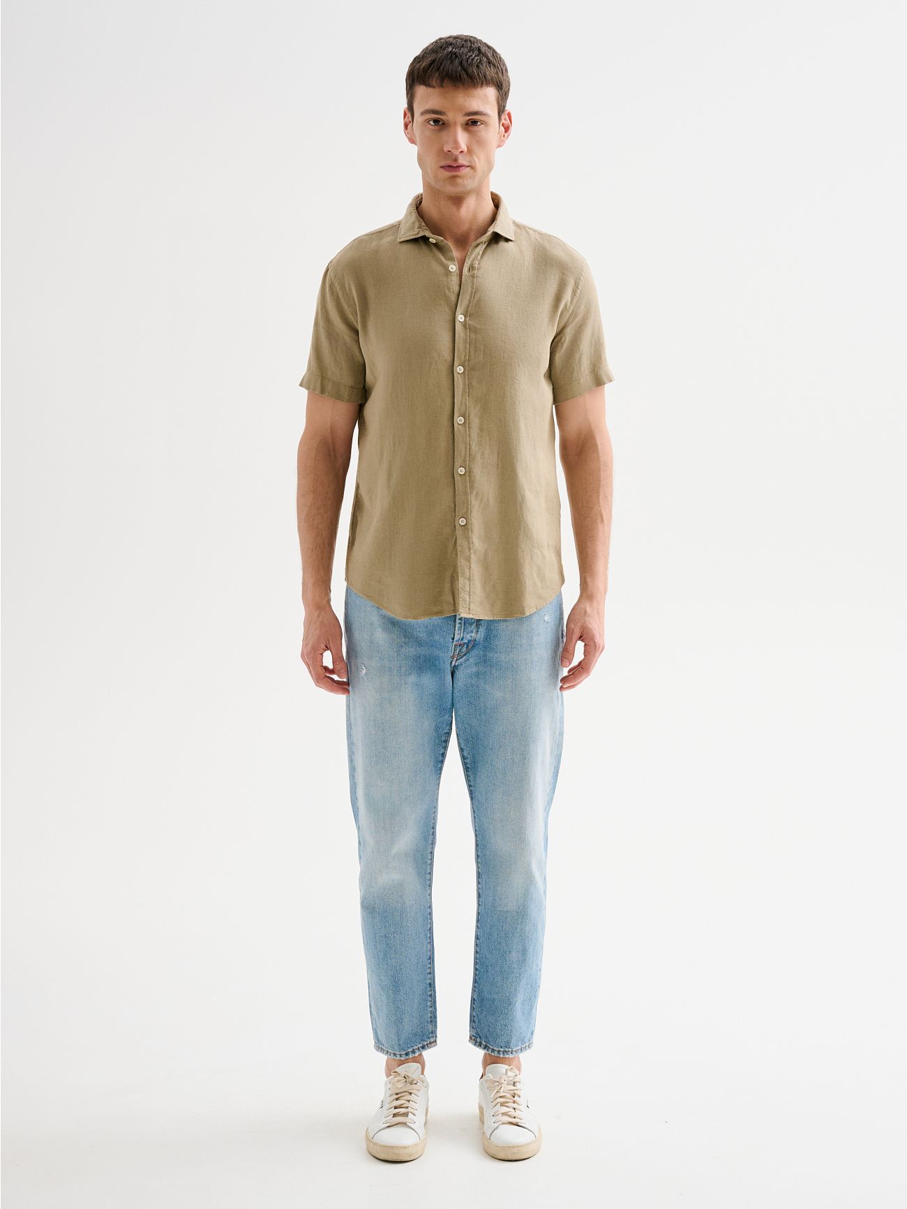 Men’s Green Linen Shirt with Short Sleeves QB24 det_1
