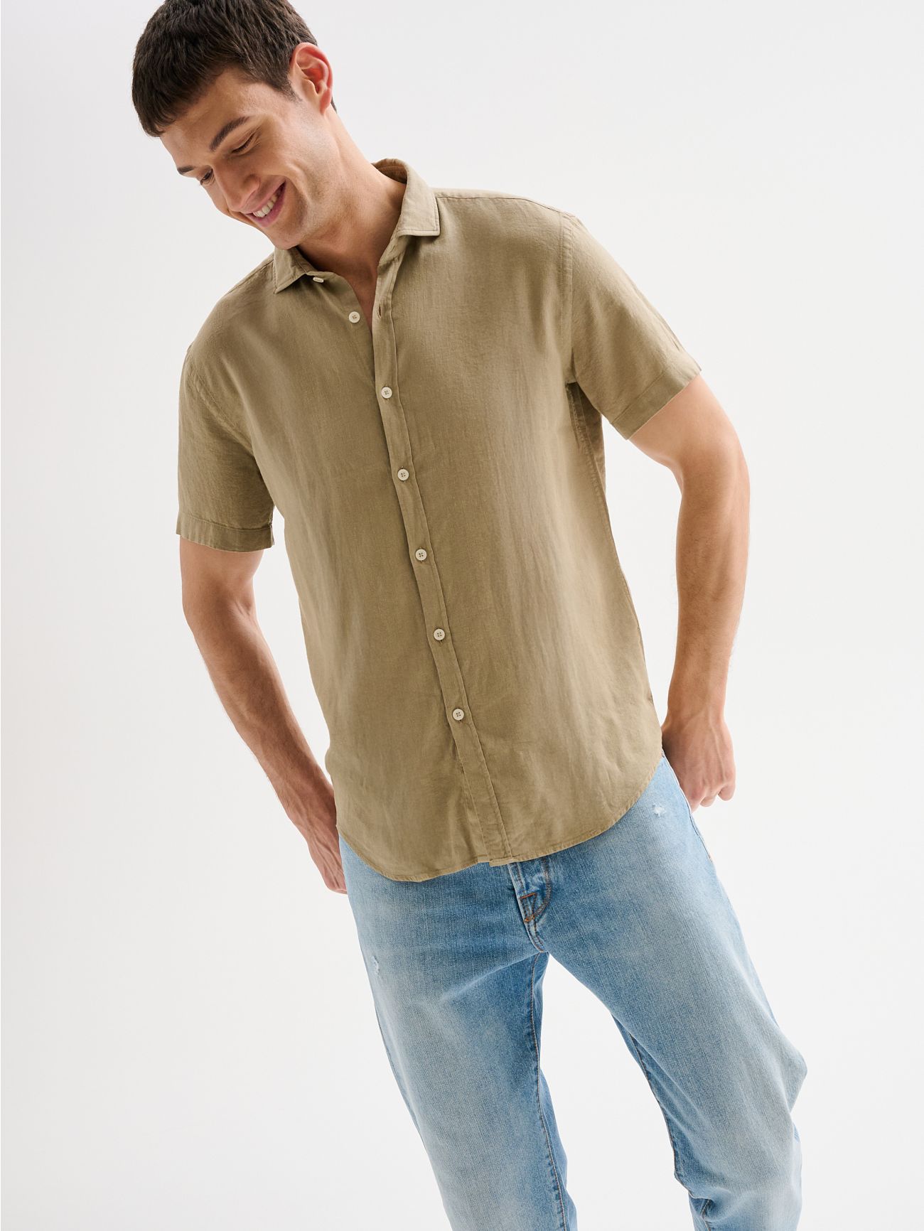 Men’s Green Linen Shirt with Short Sleeves QB24 in_i7