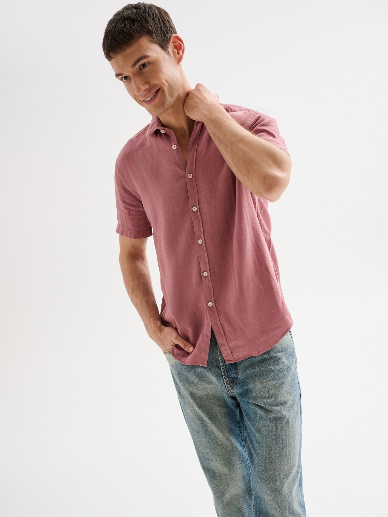 Men’s Pink Linen Shirt with Short Sleeves QB24 in_i7