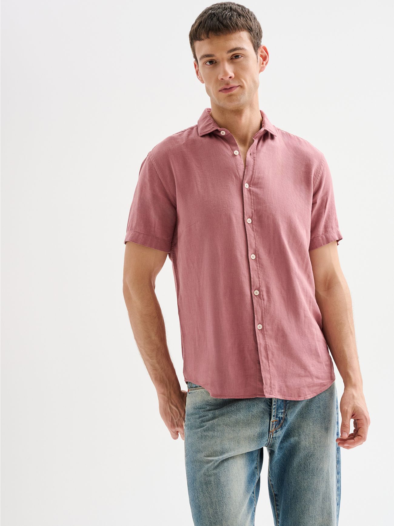 Men’s Pink Linen Shirt with Short Sleeves QB24  Rinascimento