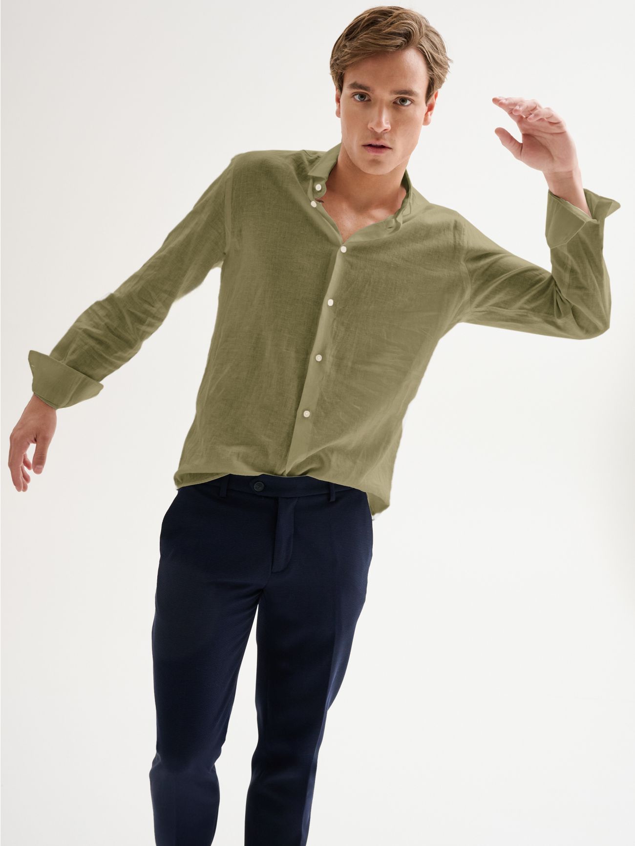 Men's Green Linen Shirt with French Collar QB24  Rinascimento