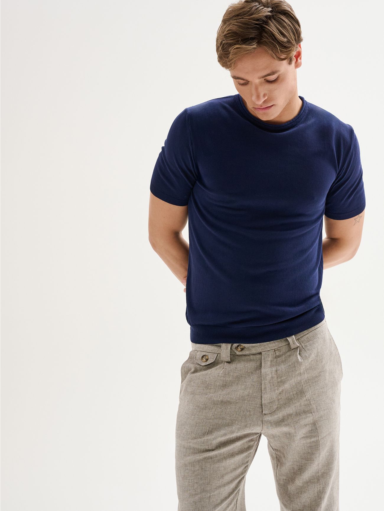 Pull bleu homme col ras du cou à manches courtes QB24  Rinascimento