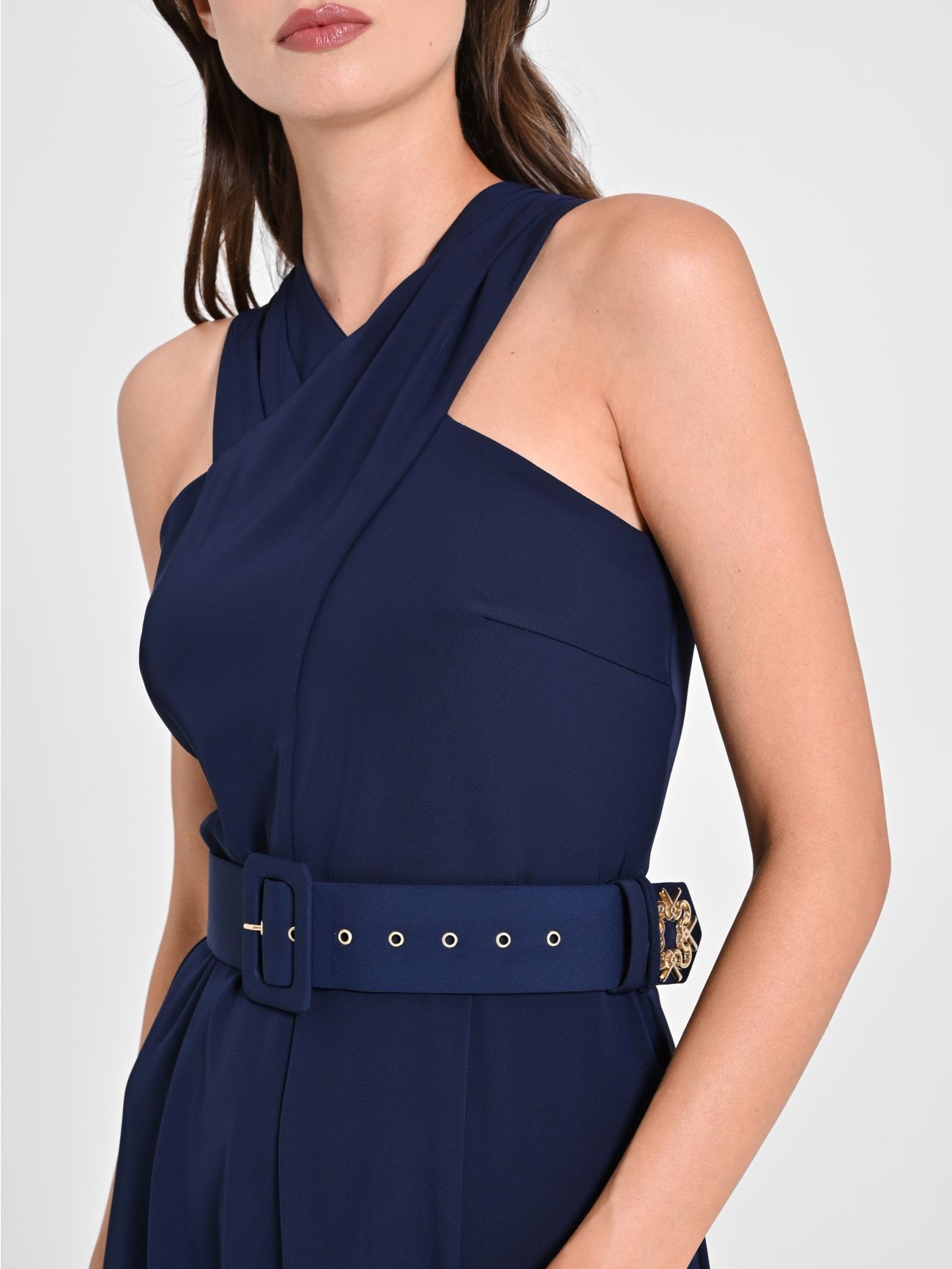 Navy Blue Jumpsuit with Crossover Neckline in_i5