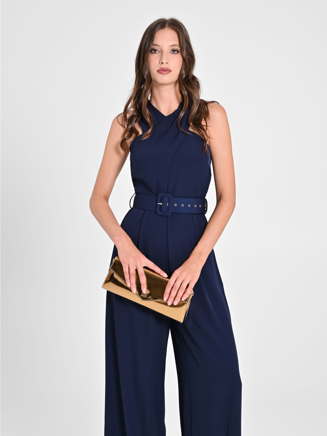 Navy Blue Jumpsuit with Crossover Neckline in_i7