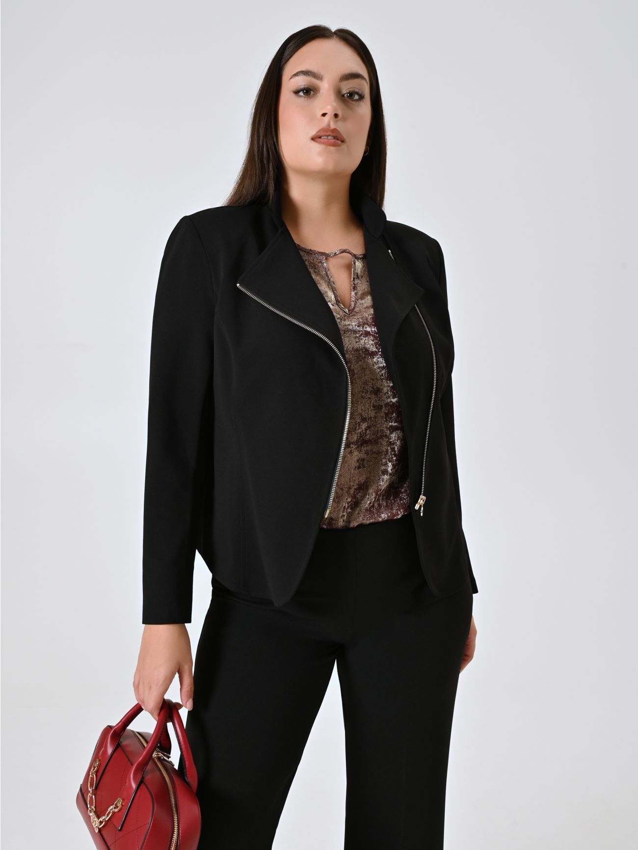 Curvy-Jacke mit Reißverschluss in Schwarz  Rinascimento